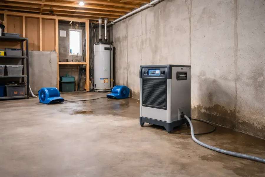 Dehumidifier and air movers drying a basement beside the water heater