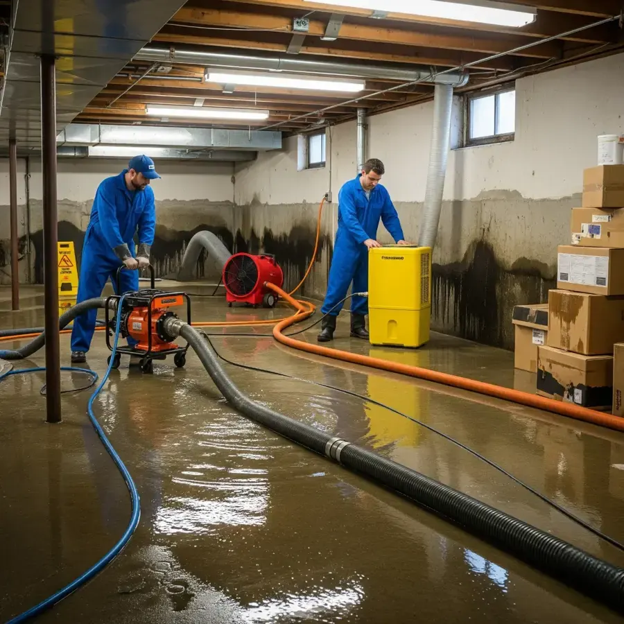 Two technicians pumping water out of a flooded basement, basement flooding cleanup in Loveland, CO